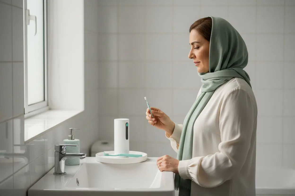 زن میانسال در حال آماده کردن مسواک بین‌دندانی و دستگاه شست‌وشوی آبی برای تمیز کردن زیر بریج روی ایمپلنت