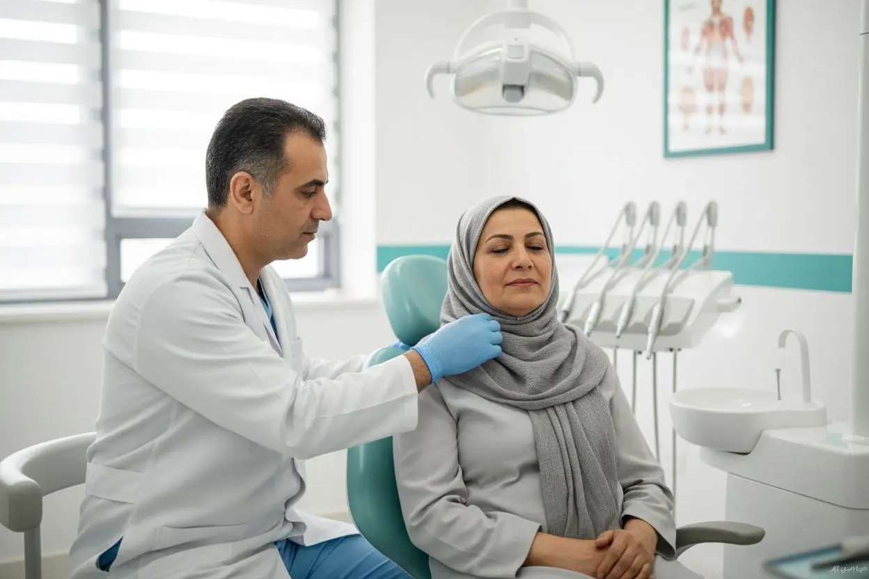 معاینه گردن و زیر فک بهعنوان بخشی از بررسی علائم سرطان دهان در چکاپ