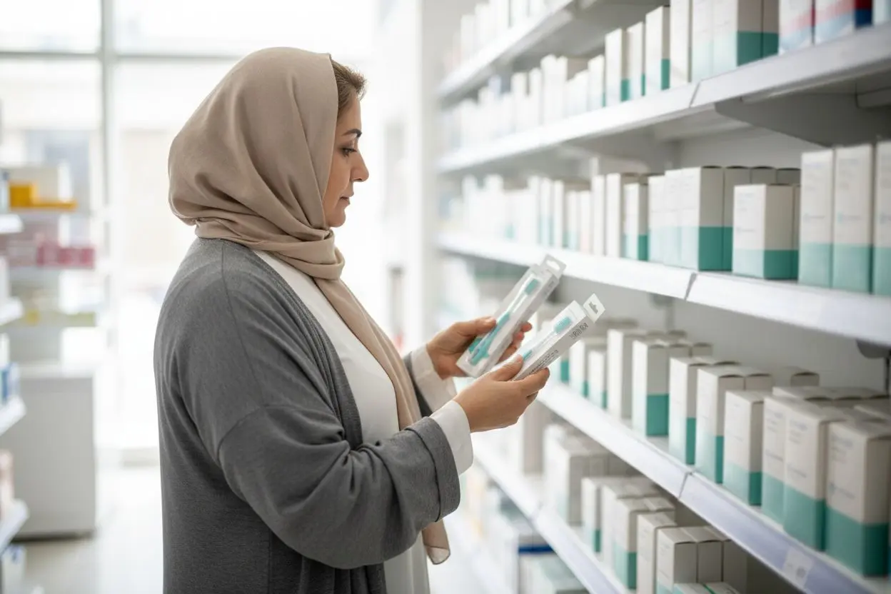 زن میانسال در حال انتخاب مسواک نرم برای جلوگیری از پیشرفت تحلیل لثه