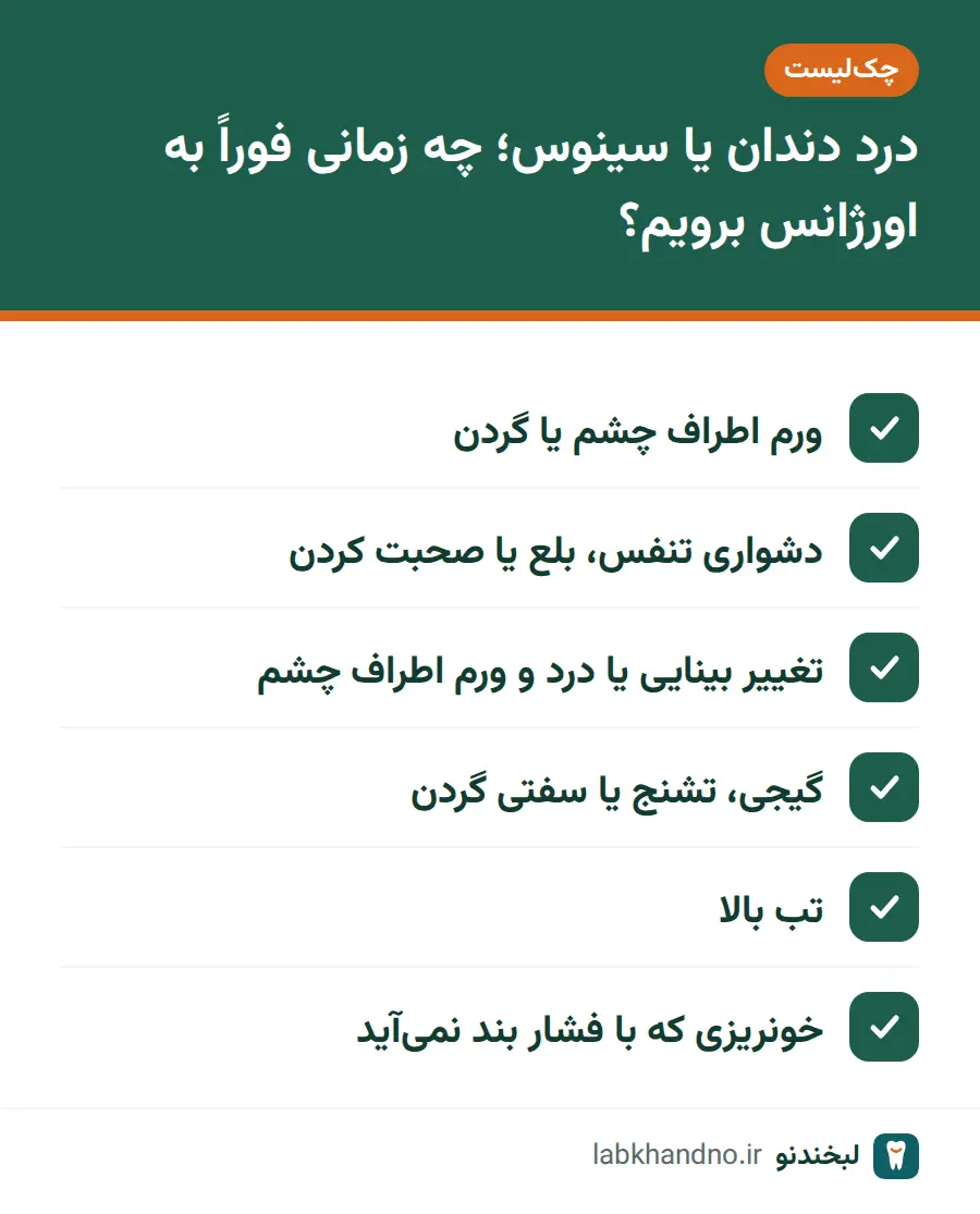 چکلیست علائم خطر در درد دندان و سینوزیت که نیاز به مراجعه فوری به اورژانس دارند