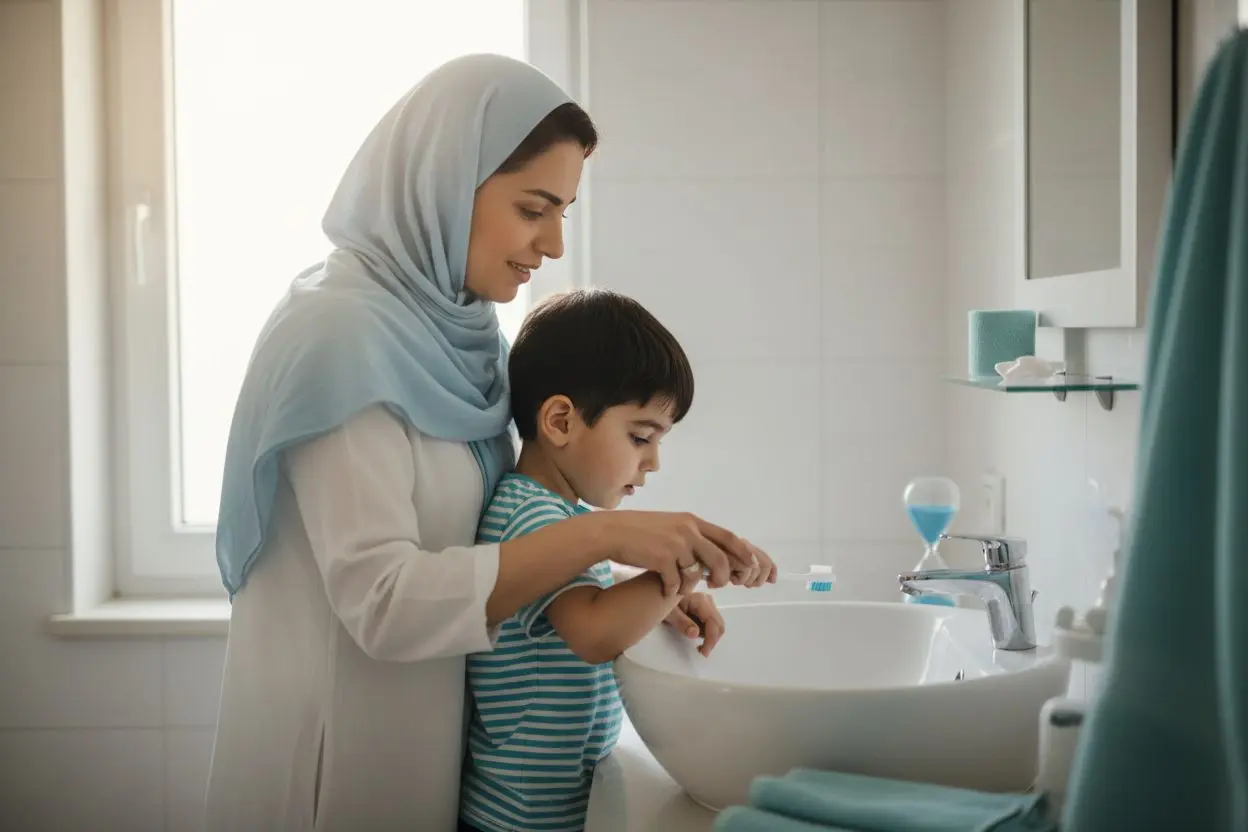 مادر ایرانی در حال راهنمایی دست کودک هنگام مسواک زدن با نظارت والدین