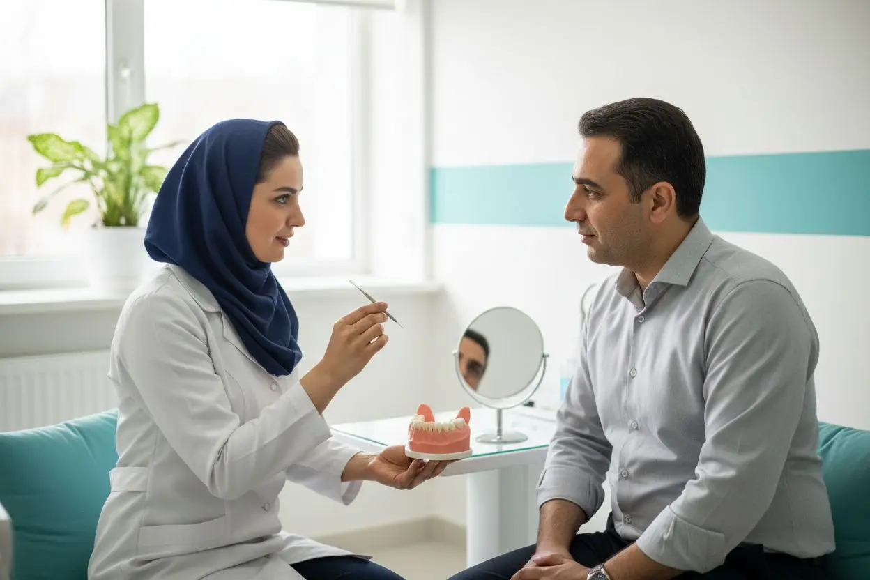 دندانپزشک زن ایرانی در حال آموزش استفاده از مسواک بیندندانی به مرد میانسال