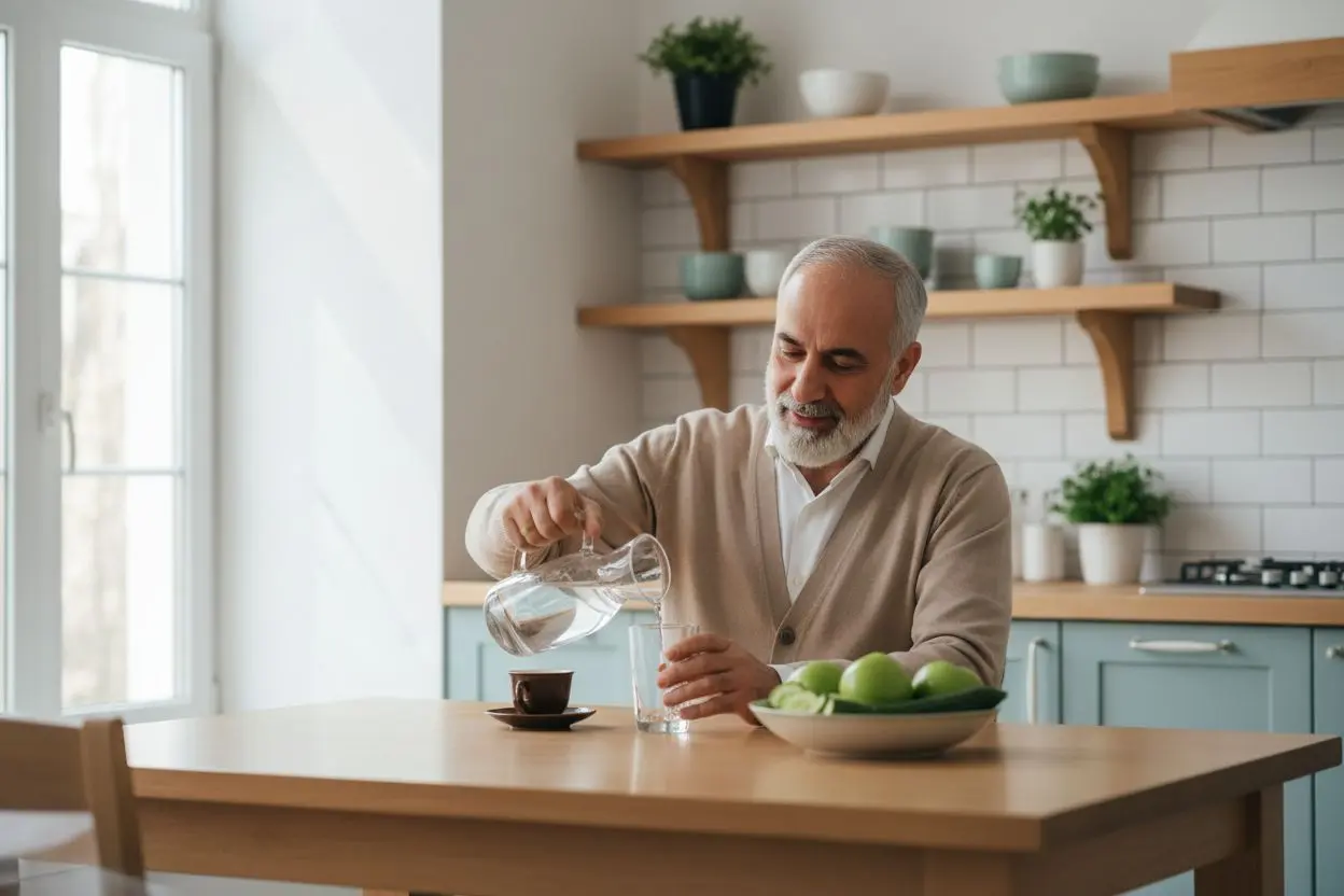مرد سالمند ایرانی در حال نوشیدن آب به جای چای پررنگ برای کمک به سلامت زبان و پیشگیری از زبان سفید یا تیره