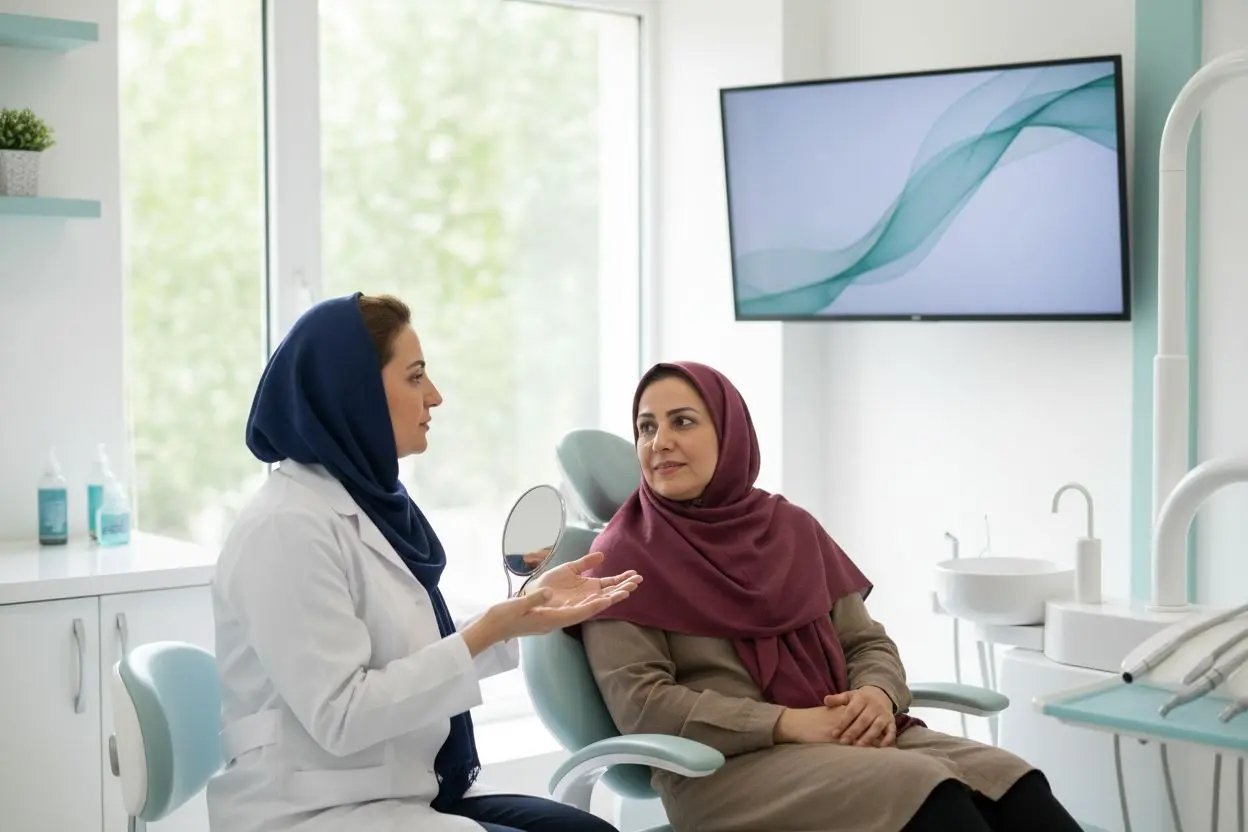دندانپزشک زن ایرانی در حال توضیح علت زبان سفید و تغییرات زبان به بیمار