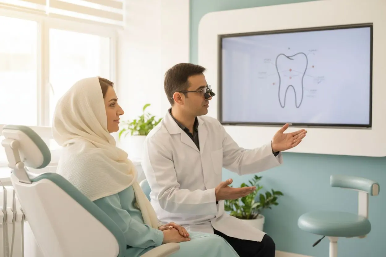 توضیح دندانپزشک به بیمار پیش از اصلاح فرم دندان در مطب