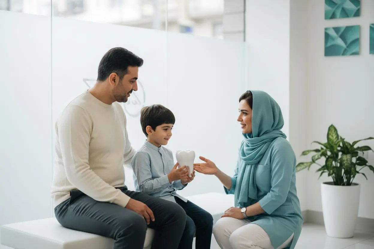مراجعه کودک و پدر به دندانپزشکی برای معاینه و پیشگیری از پوسیدگی دندان در کودکان