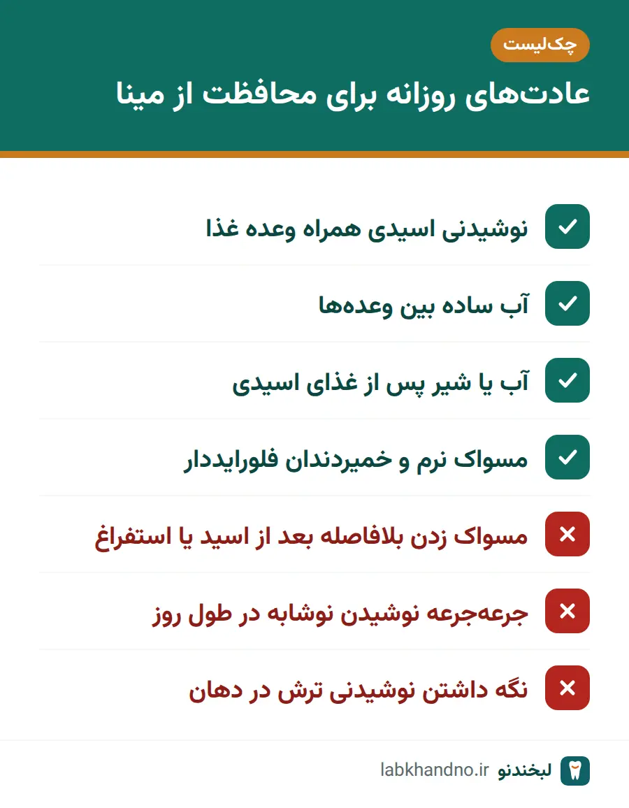 چکلیست عادتهای روزانه برای پیشگیری از سایش دندان و فرسایش مینا