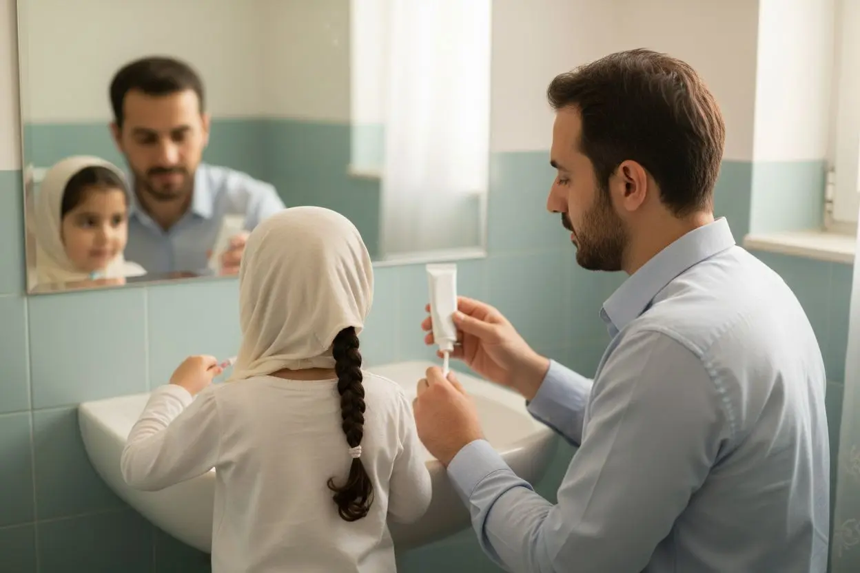 پدر ایرانی در حال کمک به دختر خردسالش برای مسواک زدن با مقدار کم خمیر دندان