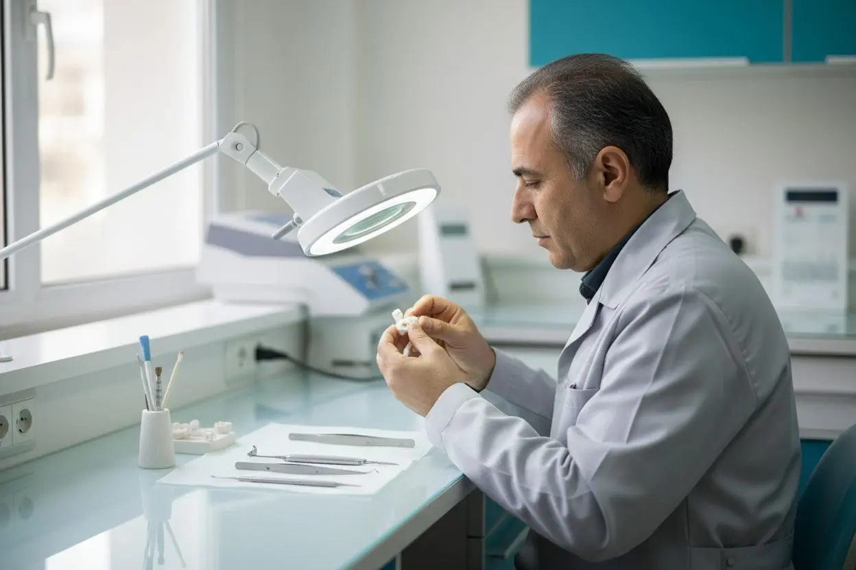 تکنسین لابراتوار در حال بررسی قطعه سرامیکی سفید زیر ذرهبین؛ دقت ساخت در ایمپلنت سرامیکی