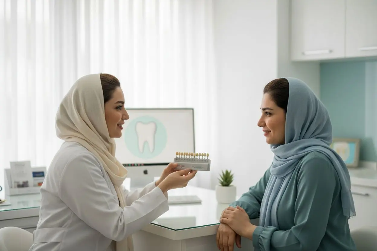دندانپزشک در حال توضیح انتخاب رنگ و جنس لمینت به بیمار